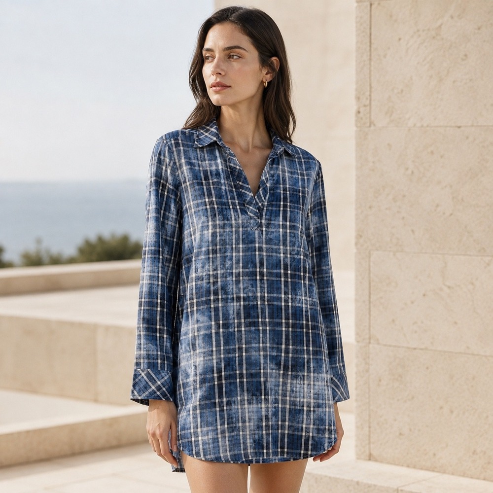 Anthropologie Cloth & Stone Shirt Dress Womens M Blue Plaid Acid Wash Pockets